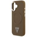 Puzdro Guess Case Magsafe PU Leather s trojuholníkovým logom a strieborným kovovým rámom fotoaparátu pre iPhone 17 hnedá
