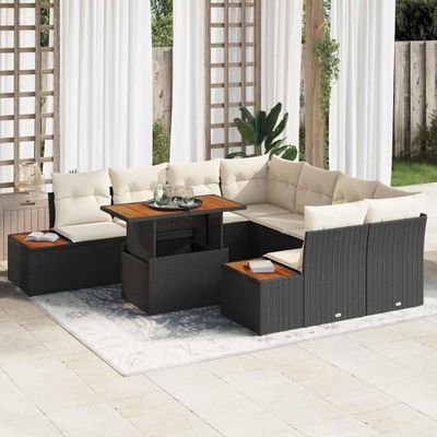 vidaXL Záhradný jedálenský set s vankúšom 9 pcs Čierna a béžová