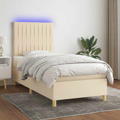 vidaXL Posteľ boxsping s matracom a LED krémová 90x190 cm látka