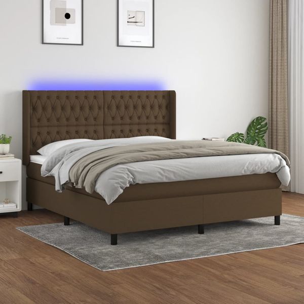 vidaXL Posteľ boxsping s matracom a LED tmavohnedá 180x200 cm látka