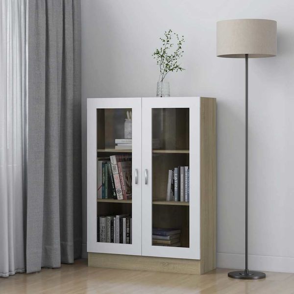 vidaXL Vitrína, biela a dub sonoma 82,5x30,5x115 cm, kompozitné drevo
