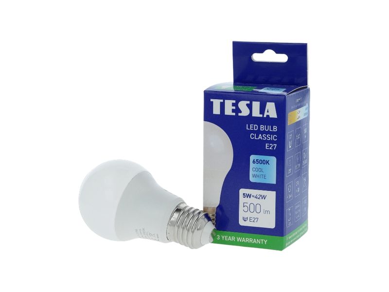 TESLA BL270560-8 – LED žiarovka E27, 5W, 500 lm, 6500K, studená biela