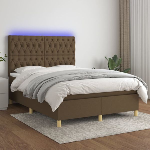 vidaXL Posteľ boxsping s matracom a LED tmavohnedá 140x200 cm látka
