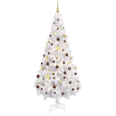 vidaXL Osvetlený umelý vianočný stromček s guľami, biely 180 cm, PVC