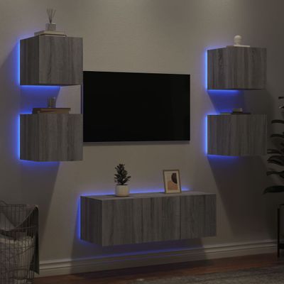 vidaXL 6-dielne TV nástenné skrinky s LED sivé sonoma kompozitné drevo