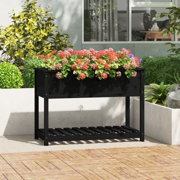 vidaXL Kvetináč s policou čierny 111,5x54x81 cm masívna borovica