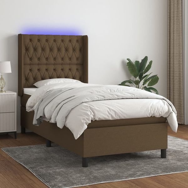 vidaXL Posteľ boxsping s matracom a LED tmavohnedá 90x190 cm látka
