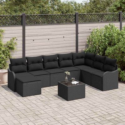 vidaXL Súprava záhradných pohoviek s vankúšom 9 pcs Čierna Poly ratan