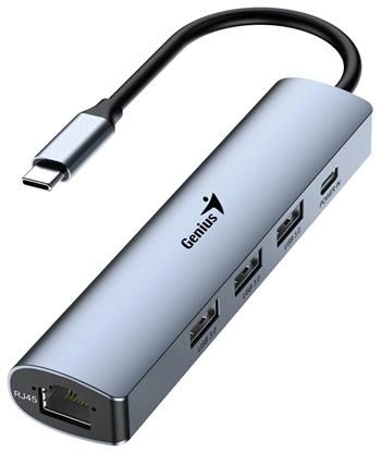 GENIUS hub UH-545 / USB-C na RJ45 Gigabit / 3x USB3.0 / USB-C 3A nabíjanie / kovovo šedý USB Hub, externý, USB-C na 3× USB 3.0, 1× USB-C, RJ-45 Gigabit Ethernet, 15cm, šedý