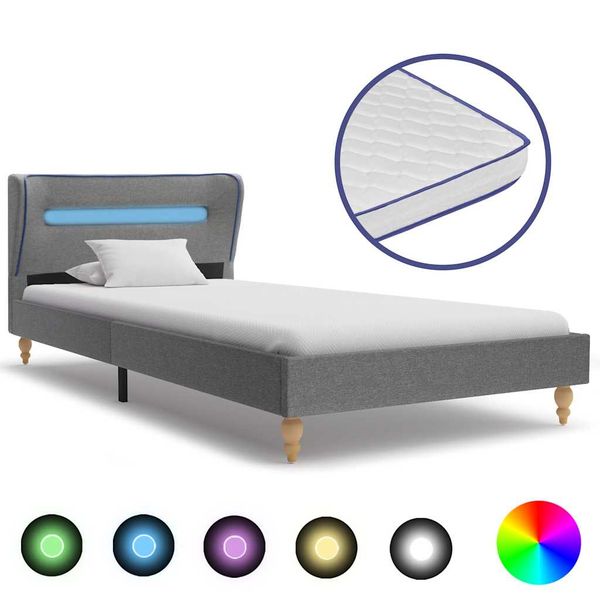 vidaXL Posteľ+LED a matrac, pamäťová pena, svetlosivá, látka 90x200 cm