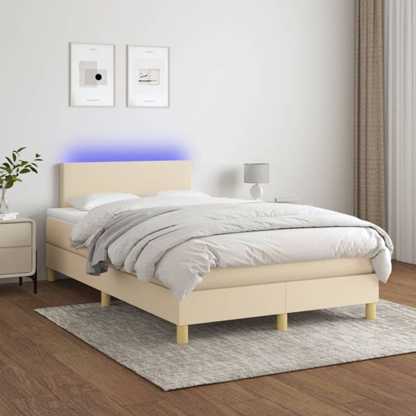 vidaXL Posteľ boxsping s matracom a LED krémová 120x200 cm látka