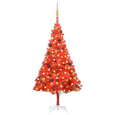 vidaXL Osvetlený umelý vianočný stromček s guľami, červený 150 cm, PVC