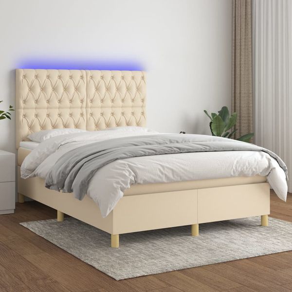 vidaXL Posteľ boxsping s matracom a LED krémová 140x190 cm látka