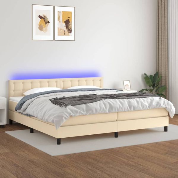 vidaXL Posteľ boxsping s matracom a LED krémová 200x200 cm látka