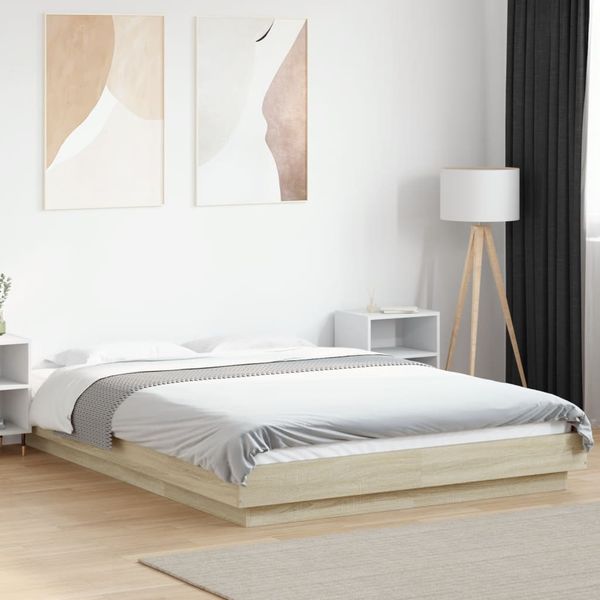 vidaXL Posteľný rám s LED svetlami sonoma 140x190 cm kompozitné drevo