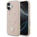 Puzdro Guess Case Magsafe PU Leather Case s trojuholníkovým logom a strieborným kovovým rámom fotoaparátu pre iPhone 17 ružové