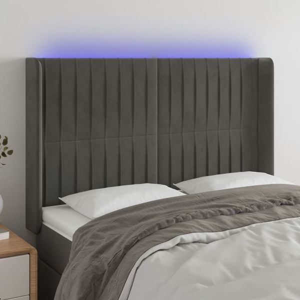 vidaXL Čelo postele s LED tmavosivé 147x16x118/128 cm zamat