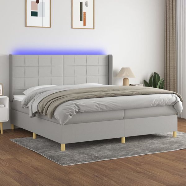 vidaXL Posteľ boxsping s matracom a LED bledosivá 200x200 cm látka