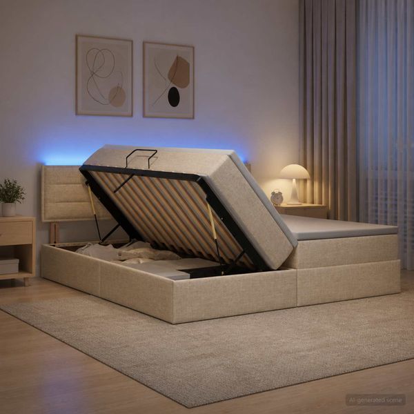 vidaXL LED úložná posteľ s matracom Krémová 200 x 200 cm Látka