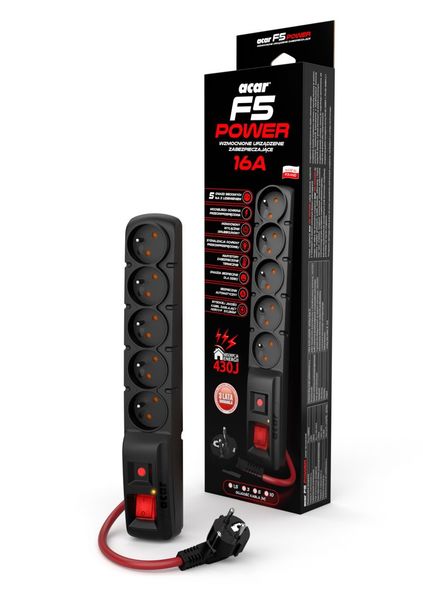 Acar F5 1,5 m kábel, 5 zásuviek, prepäťová ochrana, max. prúd 16 A, čierny