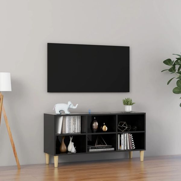 vidaXL TV stolík nohy z masívneho dreva lesklý čierny 103,5x30x50 cm