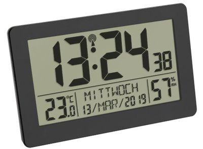 60.2557.01 TFA Digitálny rádiom riadené hodiny, 2 budenia, teplota/vlhkosť, podsvietenie, čierny