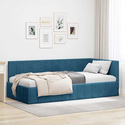 vidaXL Rohový rám postele s čelnou doskou Modrá 90 cm x 190 cm Zamat