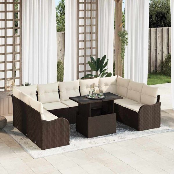 vidaXL Súprava záhradných pohoviek s vankúšom 10 pcs Hnedá Poly ratan