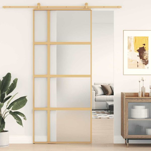 vidaXL Posuvné dvere zlaté 90x205 cm matné ESG sklo a hliník