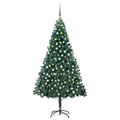 vidaXL Osvetlený umelý vianočný stromček s guľami, zelený 210 cm, PVC