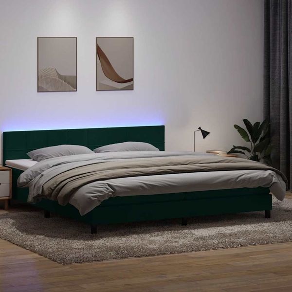 vidaXL Posteľný rám boxsping s matracom a LED tmavozelený 180x220 cm zamat