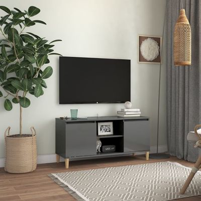 vidaXL TV stolík nohy z masívneho dreva lesklý sivý 103,5x35x50 cm