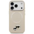 Puzdro Karl Lagerfeld Magsafe PU s kolíkmi Karl&Choupette heads a kovovými tlačidlami fotoaparátu pre iPhone 17 Pro Max béžové