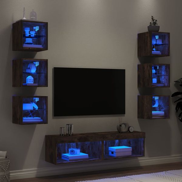 vidaXL 8-dielne TV nástenné skrinky s LED dymový dub kompozitné drevo