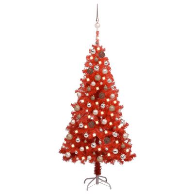 vidaXL Osvetlený umelý vianočný stromček s guľami, červený 120 cm, PVC