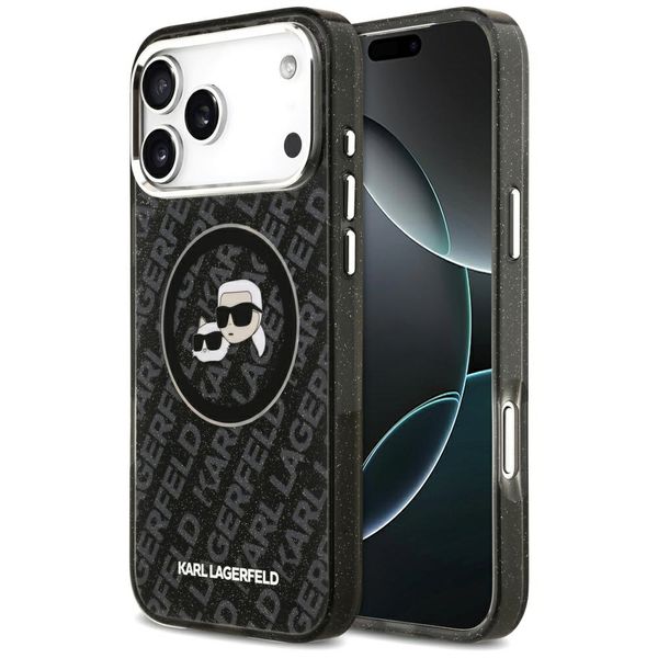 Karl Lagerfeld puzdro Magsafe IML trblietavé puzdro s kovovým rámom fotoaparátu a tlačidlami s hlavami Karla a Choupette na opakovanom logu KL pre iPhone 17 Pro Max čierne