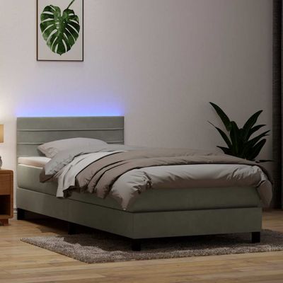 vidaXL Posteľný rám boxsping s matracom a LED bledosivý 90x220 cm zamat