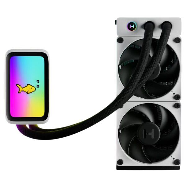HYTE chladič CPU THICC Q60 - 240 / LGA 1851,1700,1200,AM5,AM4 / s displejem Vodní chlazení CPU, 240mm, 52mm tlouštka, 5" IPS displej 720×1280, duální cerpadla, 2× THICC FP12, Nexus Link, Intel LGA1851/1700