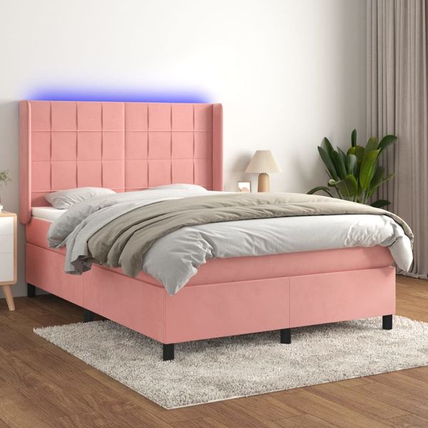 vidaXL Posteľný rám boxsping s matracom a LED ružový 140x190 cm zamat