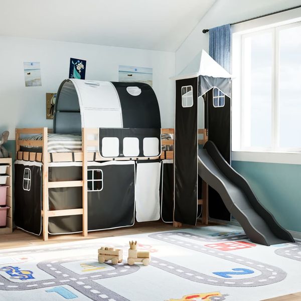 vidaXL Detská vyvýšená posteľ veža bielo-čierna 90x200 cm borovica