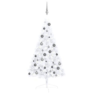 vidaXL Osvetlený umelý polovičný vianočný stromček+gule, biely 120 cm