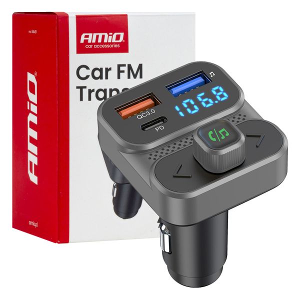 FM vysielač 2×USB-A 1×USB 12V 24V AMiO-04649
