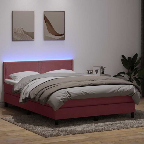 vidaXL Posteľný rám boxsping s matracom a LED ružový 140x210 cm zamat