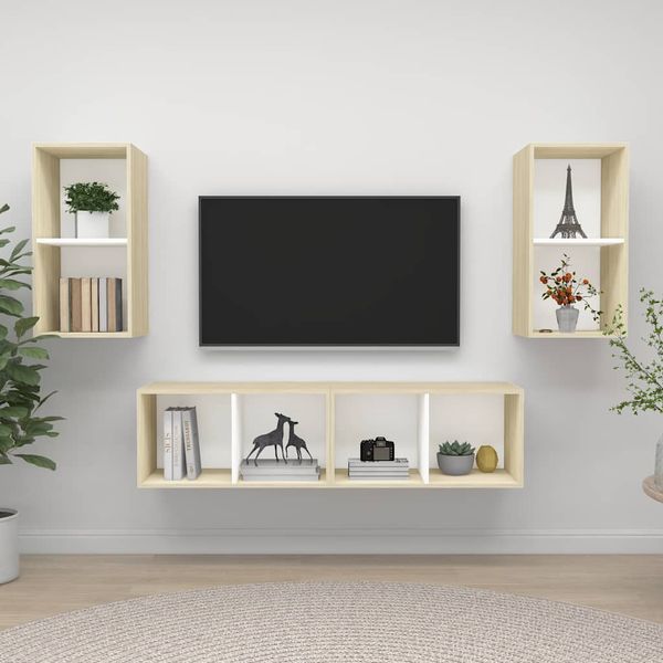 vidaXL Nástenné TV skrinky 4 ks, biela a dub sonoma, kompozitné drevo