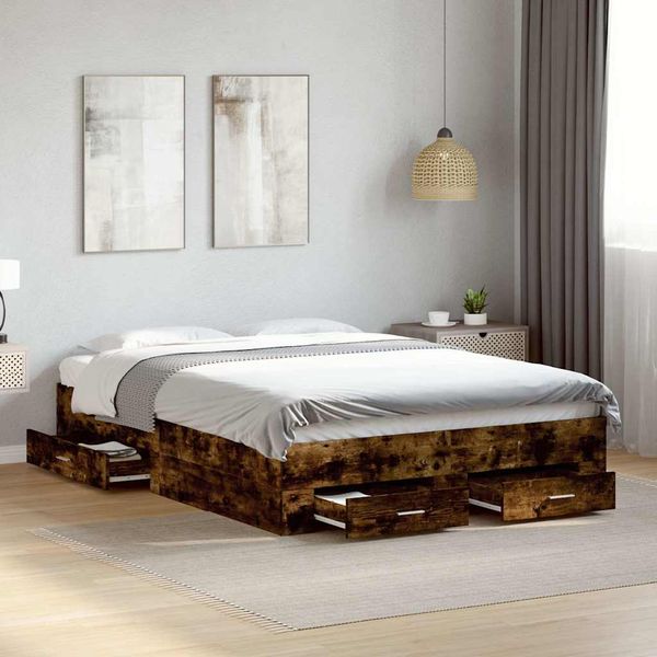 vidaXL Posteľný rám so zásuvkami dymový dub 135x190cm kompozitné drevo