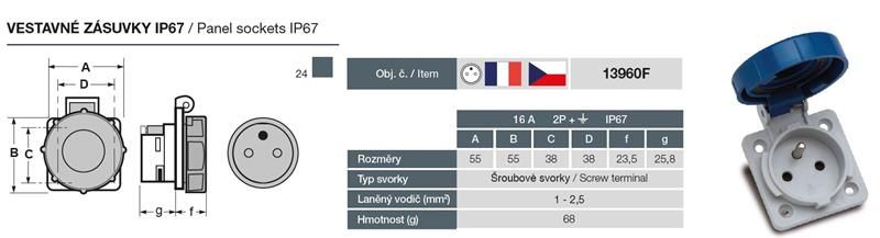 Zásuvka vestavná 13960F IP67/250V/16A s ochranným kolíkem, modrá