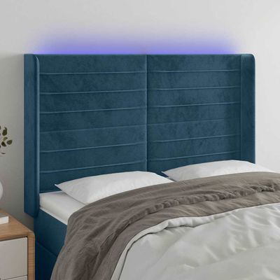 vidaXL Čelo postele s LED tmavomodré 147x16x118/128 cm zamat
