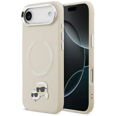 Puzdro Karl Lagerfeld Magsafe PU s kolíkmi s hlavami Karl&Choupette a kovovými tlačidlami fotoaparátu pre iPhone 17 Air béžová
