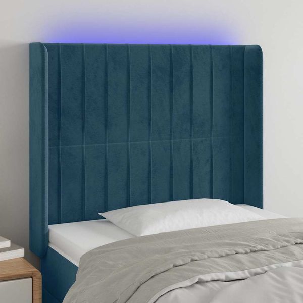 vidaXL Čelo postele s LED tmavomodré 93x16x118/128 cm zamat