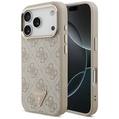 Puzdro Guess Case Magsafe 4G PU Leather s trojuholníkovým logom a zlatým kovovým rámom fotoaparátu pre iPhone 17 Pro ružové